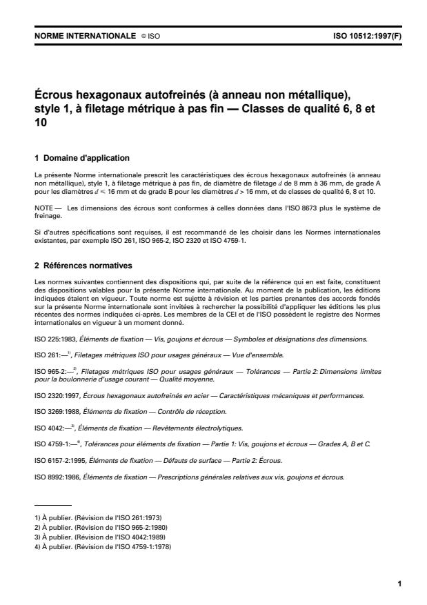 ISO 10512:1997 - Écrous hexagonaux autofreinés (a anneau non métallique), style 1, a filetage métrique a pas fin -- Classes de qualité 6, 8 et 10
