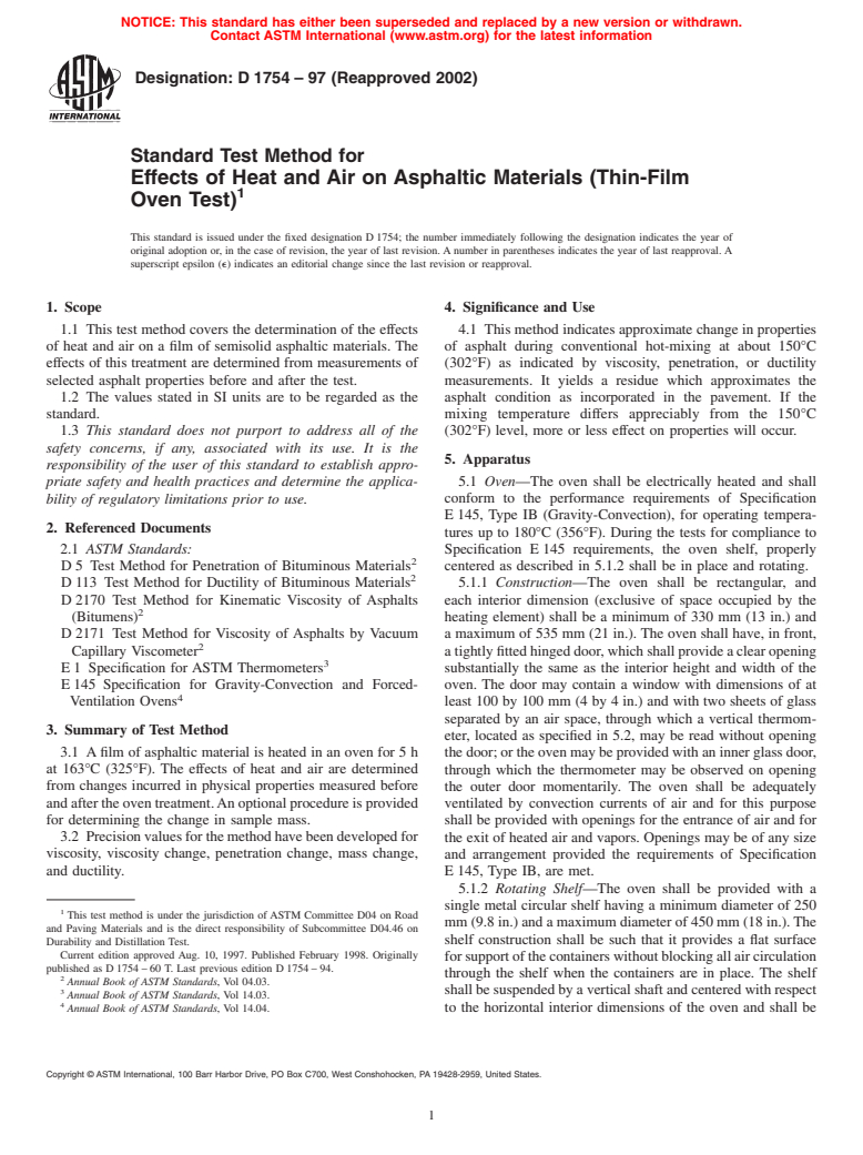 ASTM D1754-97(2002) - Standard Test Method for Effect of Heat and Air on Asphaltic Materials (Thin-Film Oven Test)