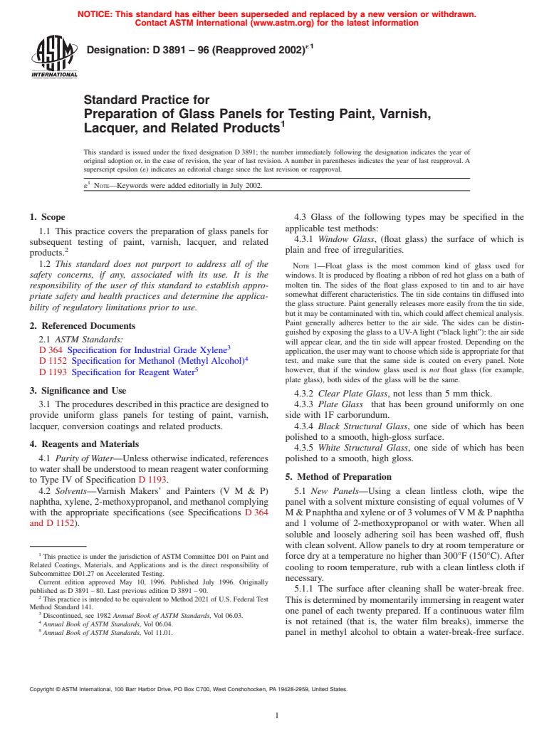 ASTM D3891-96(2002)e1 - Standard Practice for Preparation of Glass Panels for Testing Paint, Varnish, Lacquer, and Related Products