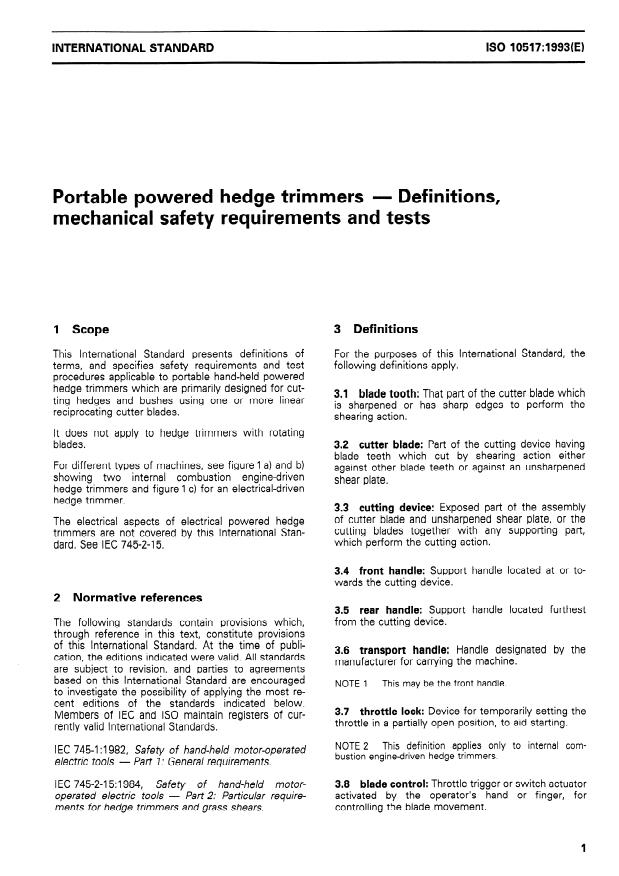 ISO 10517:1993 - Portable powered hedge trimmers -- Definitions, mechanical safety requirements and tests
