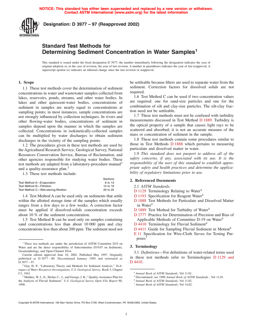 ASTM D3977-97(2002) - Standard Test Methods for Determining Sediment Concentration in Water Samples