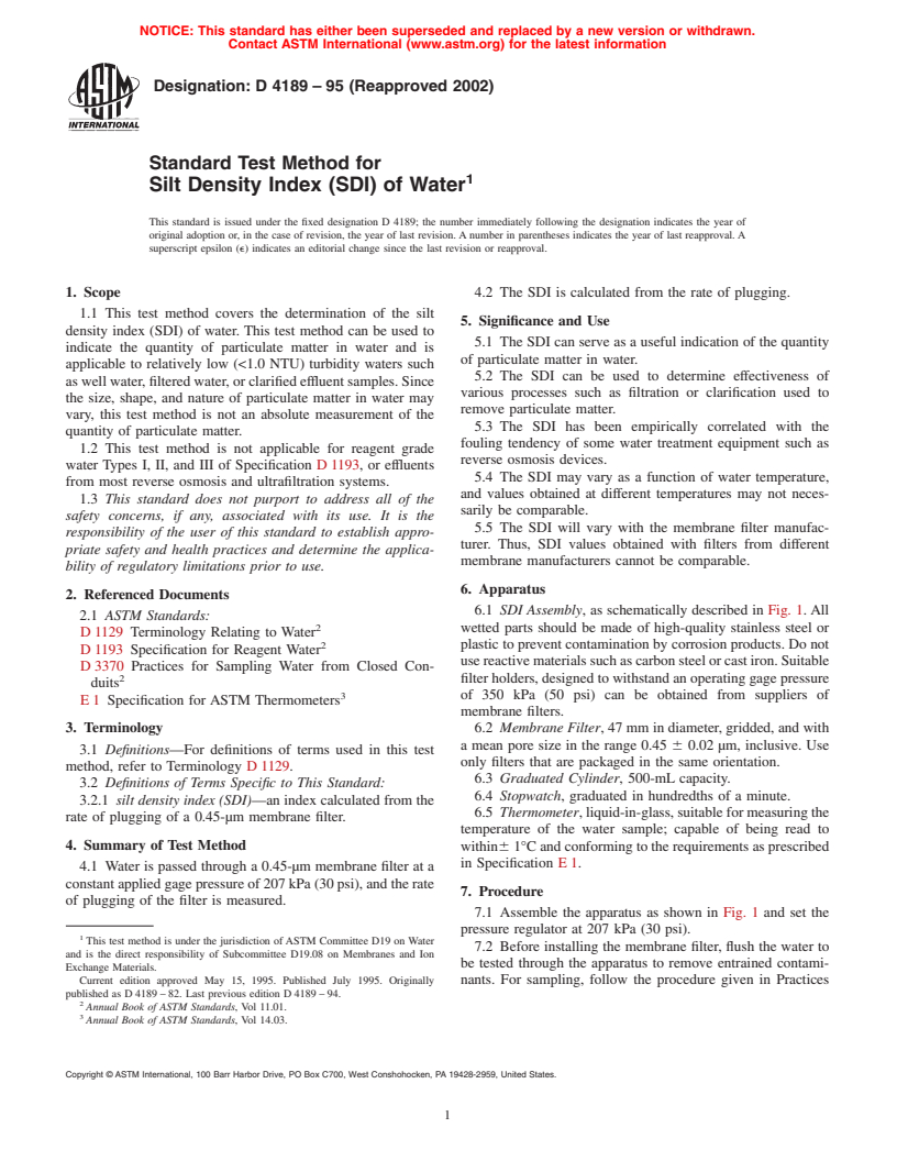 ASTM D4189-95(2002) - Standard Test Method for Silt Density Index (SDI) of Water