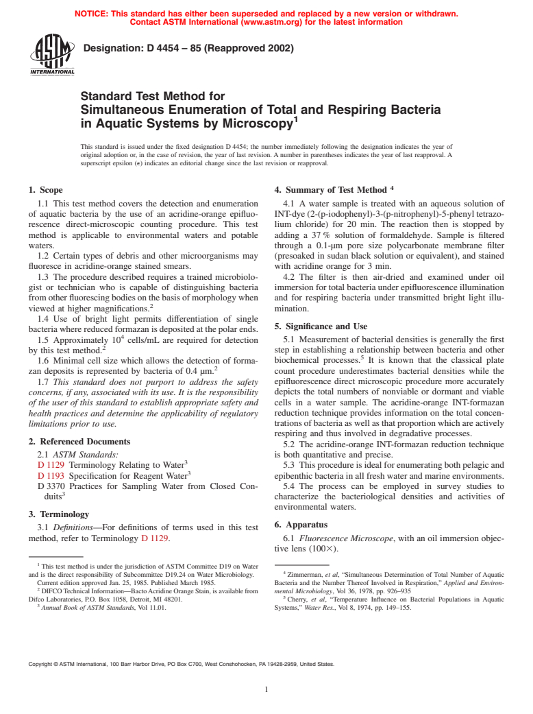 ASTM D4454-85(2002) - Standard Test Method for Simultaneous Enumeration of Total and Respiring Bacteria in Aquatic Systems by Microscopy