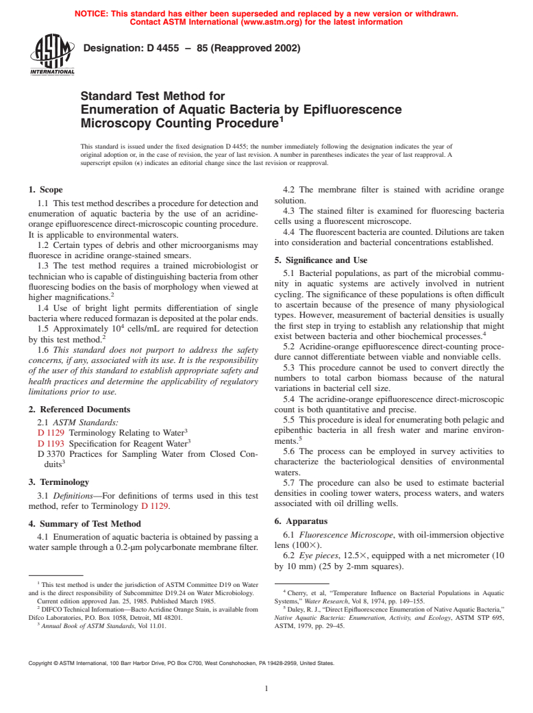 ASTM D4455-85(2002) - Standard Test Method for Enumeration of Aquatic Bacteria by Epifluorescence Microscopy Counting Procedure