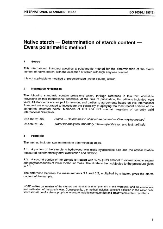 ISO 10520:1997 - Native starch -- Determination of starch content -- Ewers polarimetric method