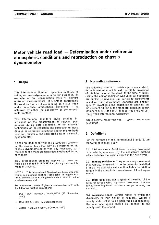ISO 10521:1992 - Motor vehicle road load -- Determination under reference atmospheric conditions and reproduction on chassis dynamometer