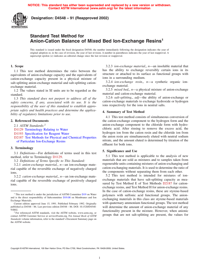 ASTM D4548-91(2002) - Standard Test Method for Anion-Cation Balance of Mixed Bed Ion-Exchange Resins (Withdrawn 2011)