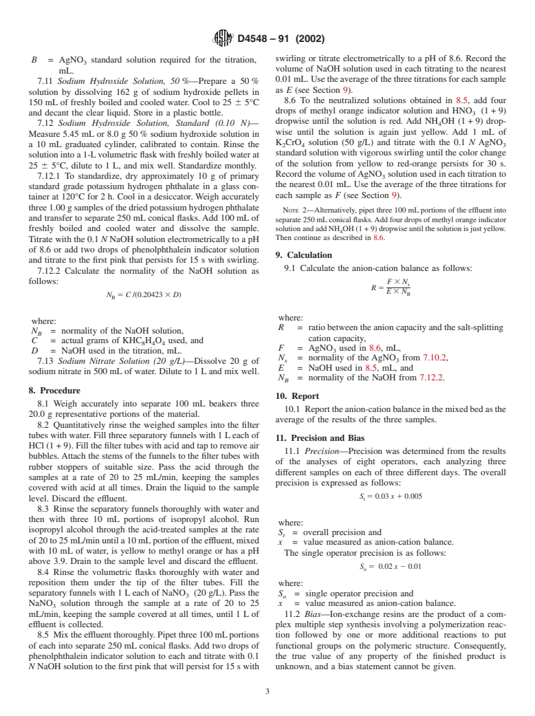 ASTM D4548-91(2002) - Standard Test Method for Anion-Cation Balance of Mixed Bed Ion-Exchange Resins (Withdrawn 2011)