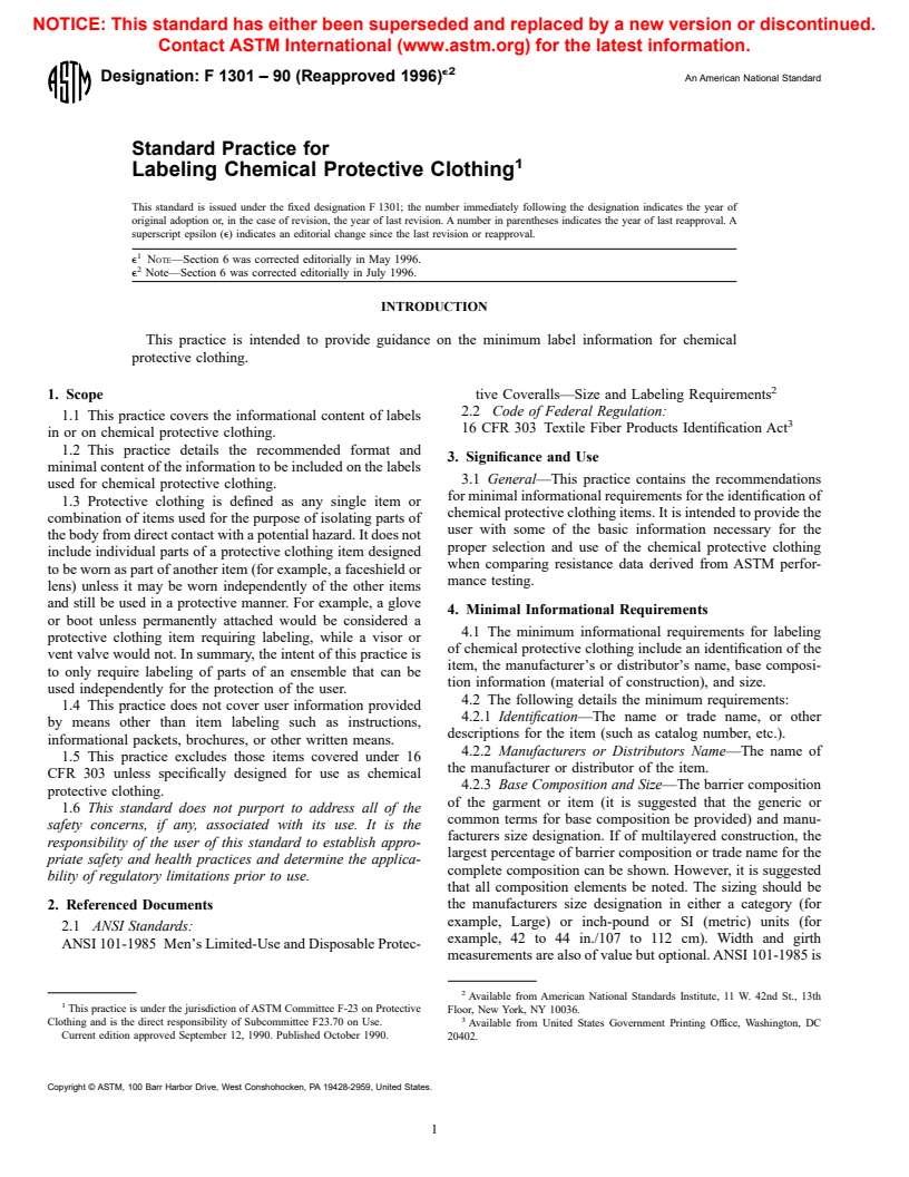 ASTM F1301-90(1996)e2 - Standard Practice for Labeling Chemical Protective Clothing