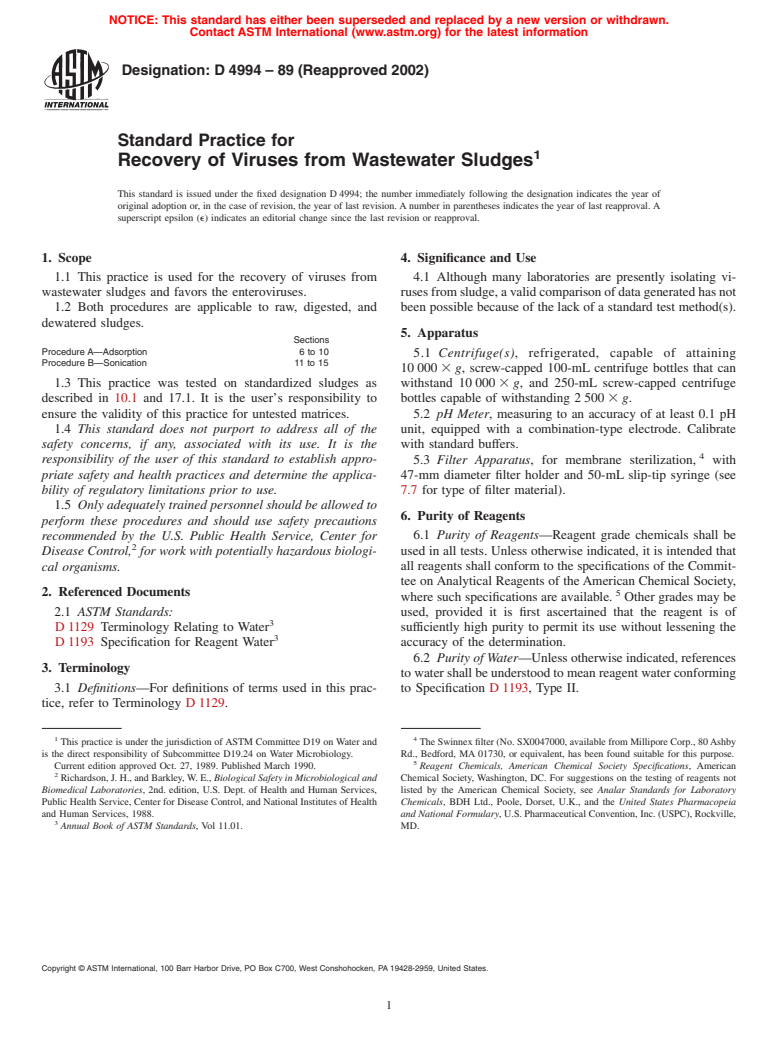 ASTM D4994-89(2002) - Standard Practice for Recovery of Viruses from Wastewater Sludges