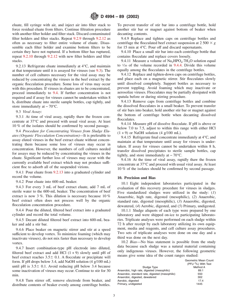 ASTM D4994-89(2002) - Standard Practice for Recovery of Viruses from Wastewater Sludges