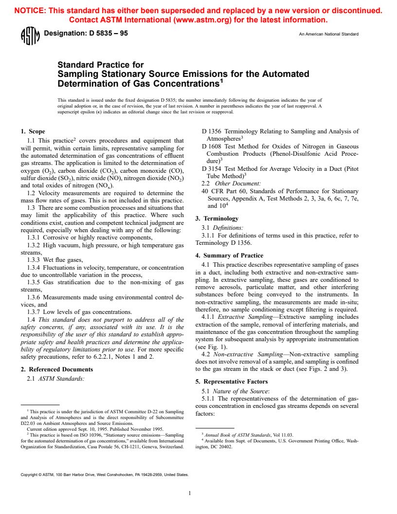 ASTM D5835-95 - Standard Practice for Sampling Stationary Source Emissions for the Automated Determination of Gas Concentrations