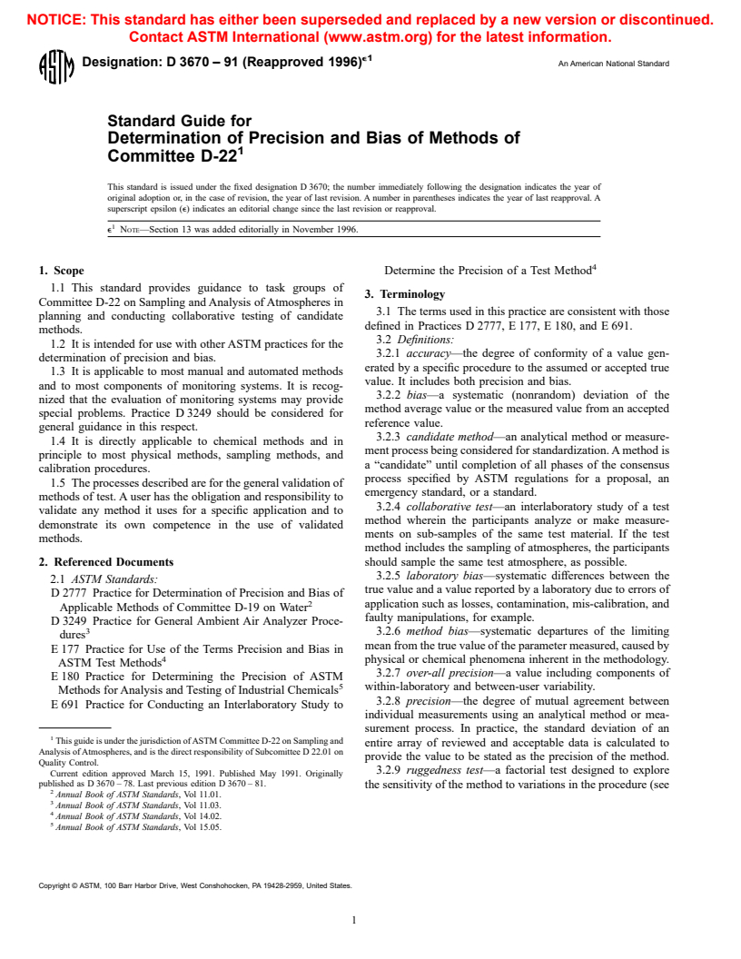 ASTM D3670-91(1996)e1 - Standard Guide for Determination of Precision and Bias of Methods of Committee D22