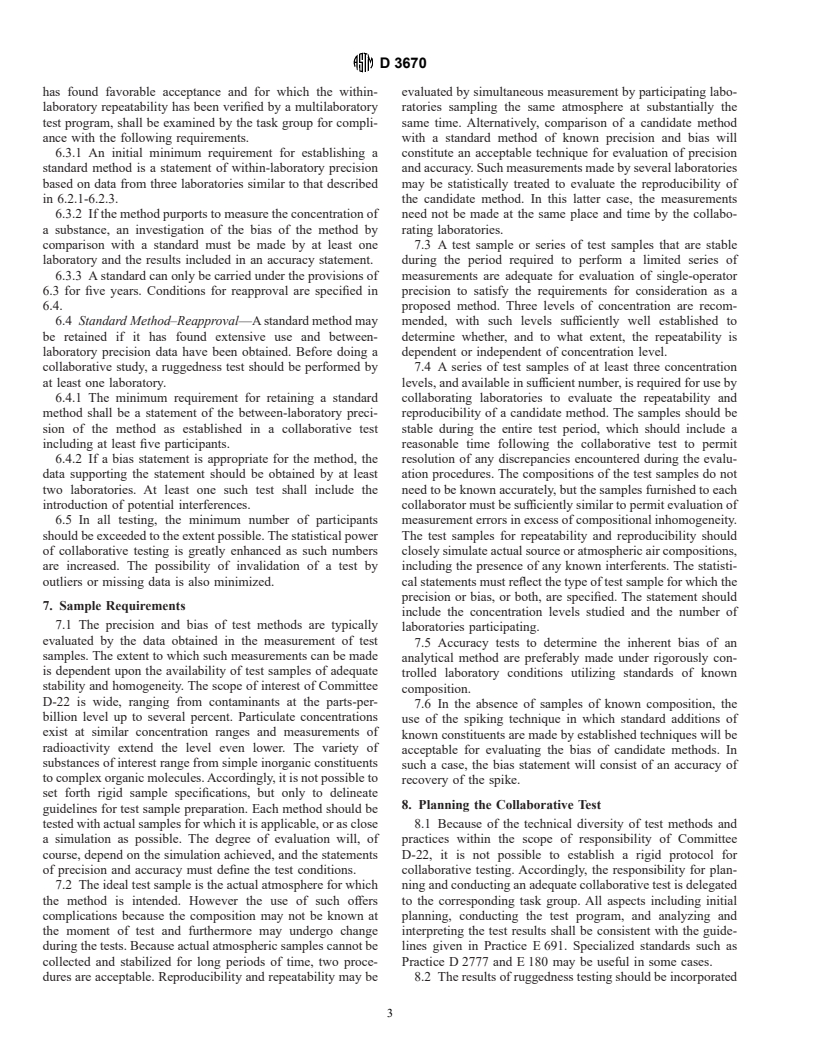 ASTM D3670-91(1996)e1 - Standard Guide for Determination of Precision and Bias of Methods of Committee D22