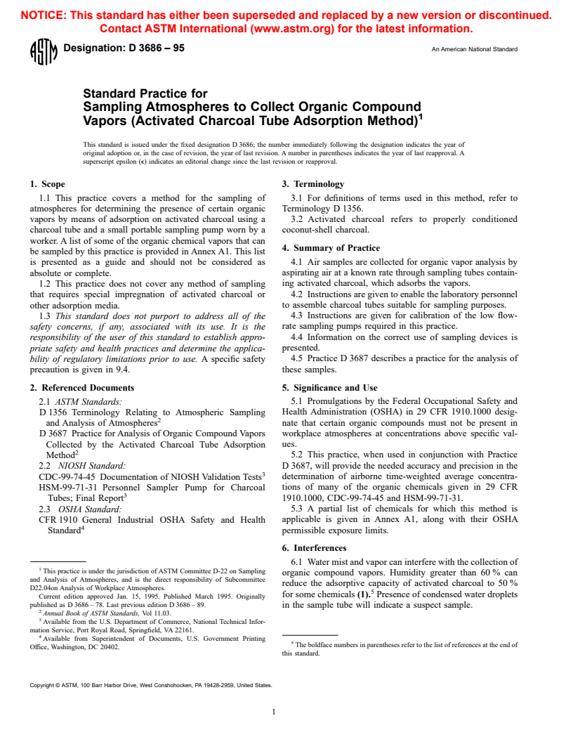 ASTM D3686-95 - Standard Practice for Sampling Atmospheres to Collect Organic Compound Vapors (Activated Charcoal Tube Adsorption Method)