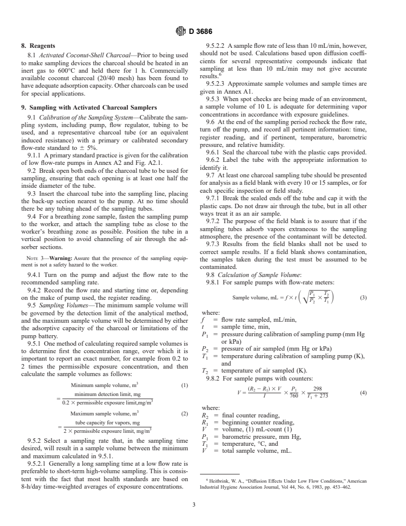 ASTM D3686-95 - Standard Practice for Sampling Atmospheres to Collect Organic Compound Vapors (Activated Charcoal Tube Adsorption Method)