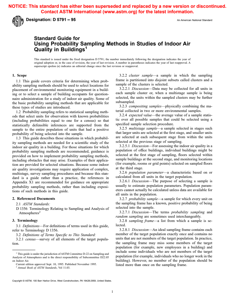 ASTM D5791-95 - Standard Guide for Using Probability Sampling Methods in Studies of Indoor Air Quality in Buildings