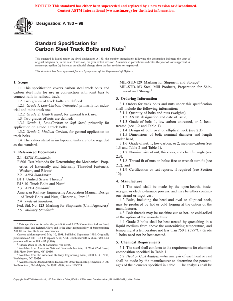 ASTM A183-98 - Standard Specification for Carbon Steel Track Bolts and Nuts