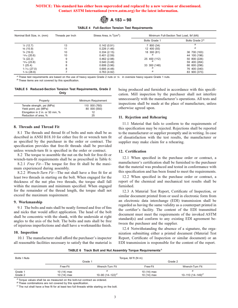 ASTM A183-98 - Standard Specification for Carbon Steel Track Bolts and Nuts