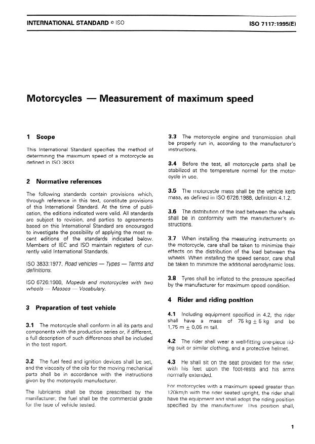 ISO 7117:1995 - Motorcycles -- Measurement of maximum speed