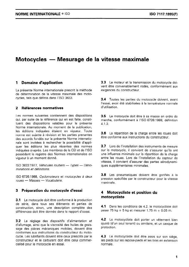 ISO 7117:1995 - Motocycles -- Mesurage de la vitesse maximale