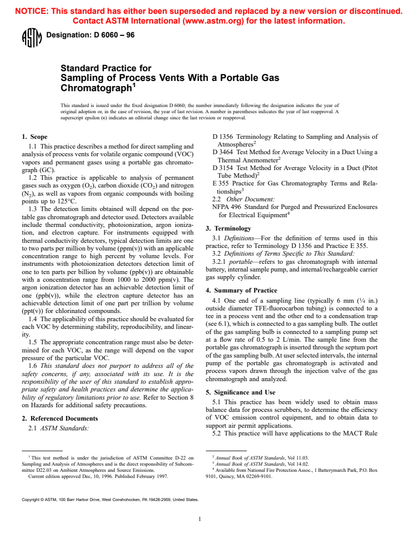 ASTM D6060-96 - Standard Practice for Sampling of Process Vents With a Portable Gas Chromatograph