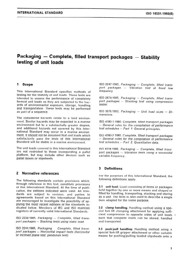 ISO 10531:1992 - Packaging -- Complete, filled transport packages -- Stability testing of unit loads
