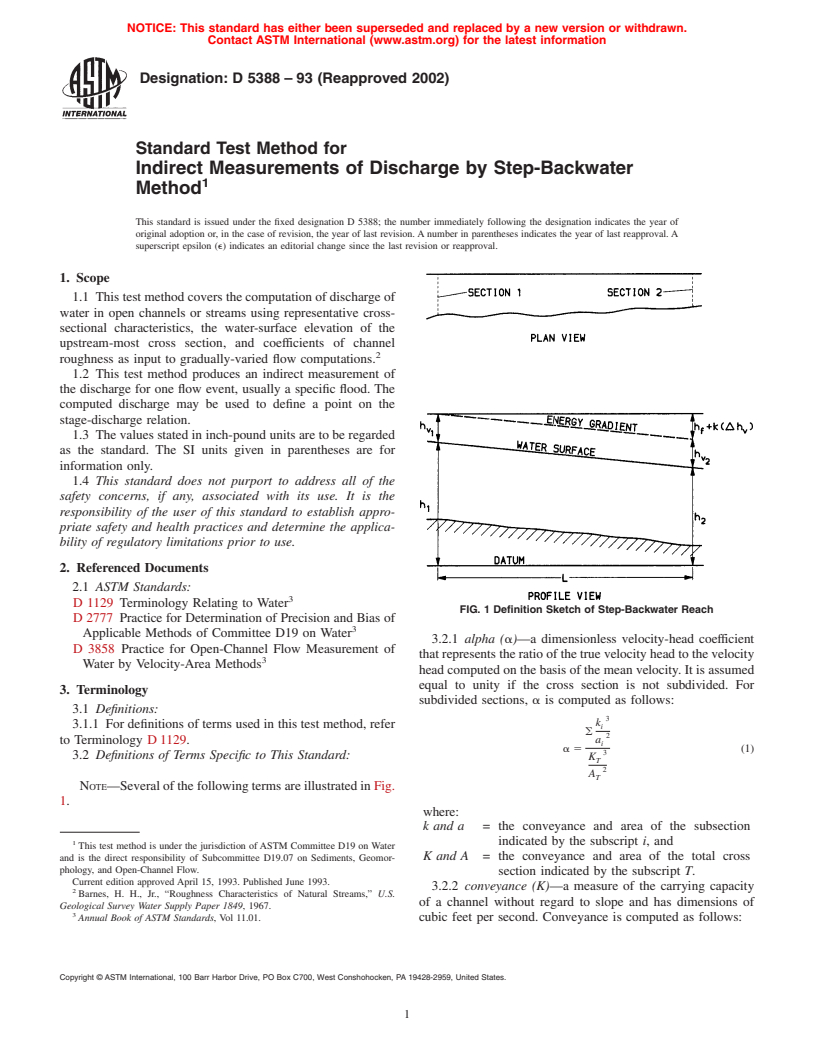 ASTM D5388-93(2002) - Standard Test Method for Indirect Measurements of Discharge by Step-Backwater Method