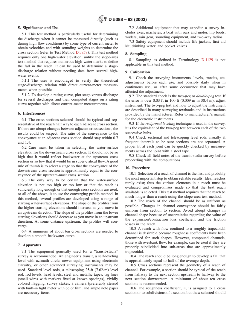 ASTM D5388-93(2002) - Standard Test Method for Indirect Measurements of Discharge by Step-Backwater Method