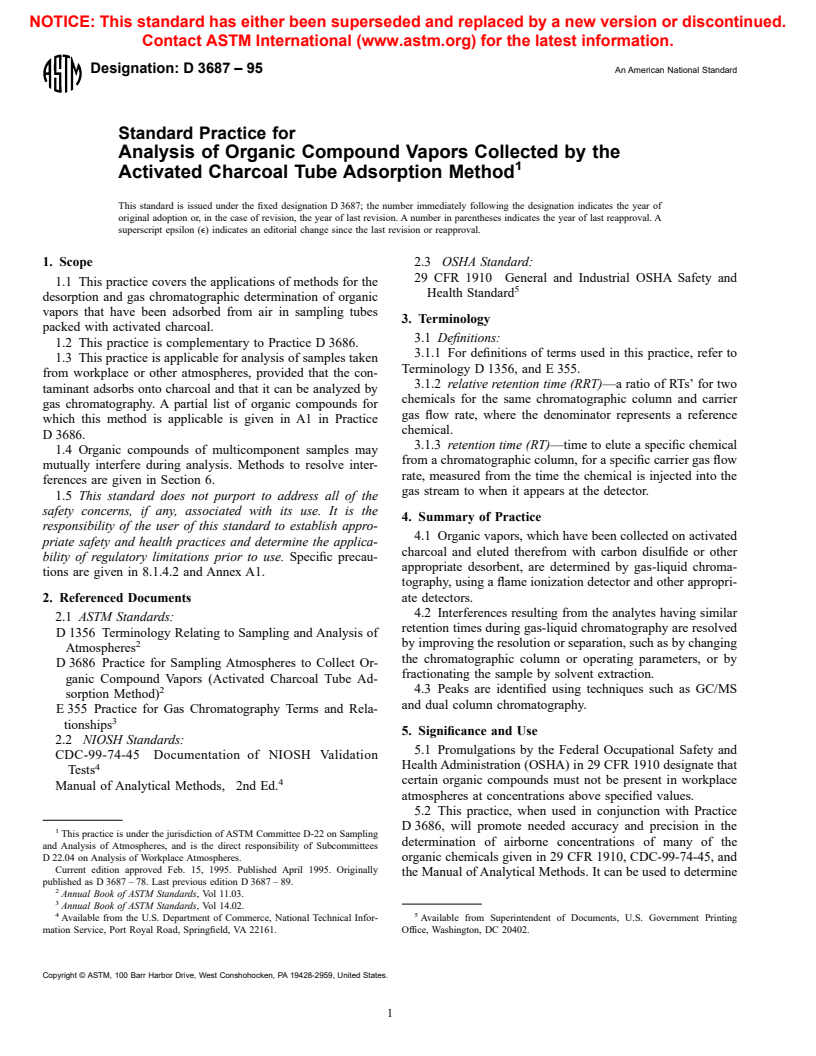 ASTM D3687-95 - Standard Practice for Analysis of Organic Compound Vapors Collected by the Activated Charcoal Tube Adsorption Method