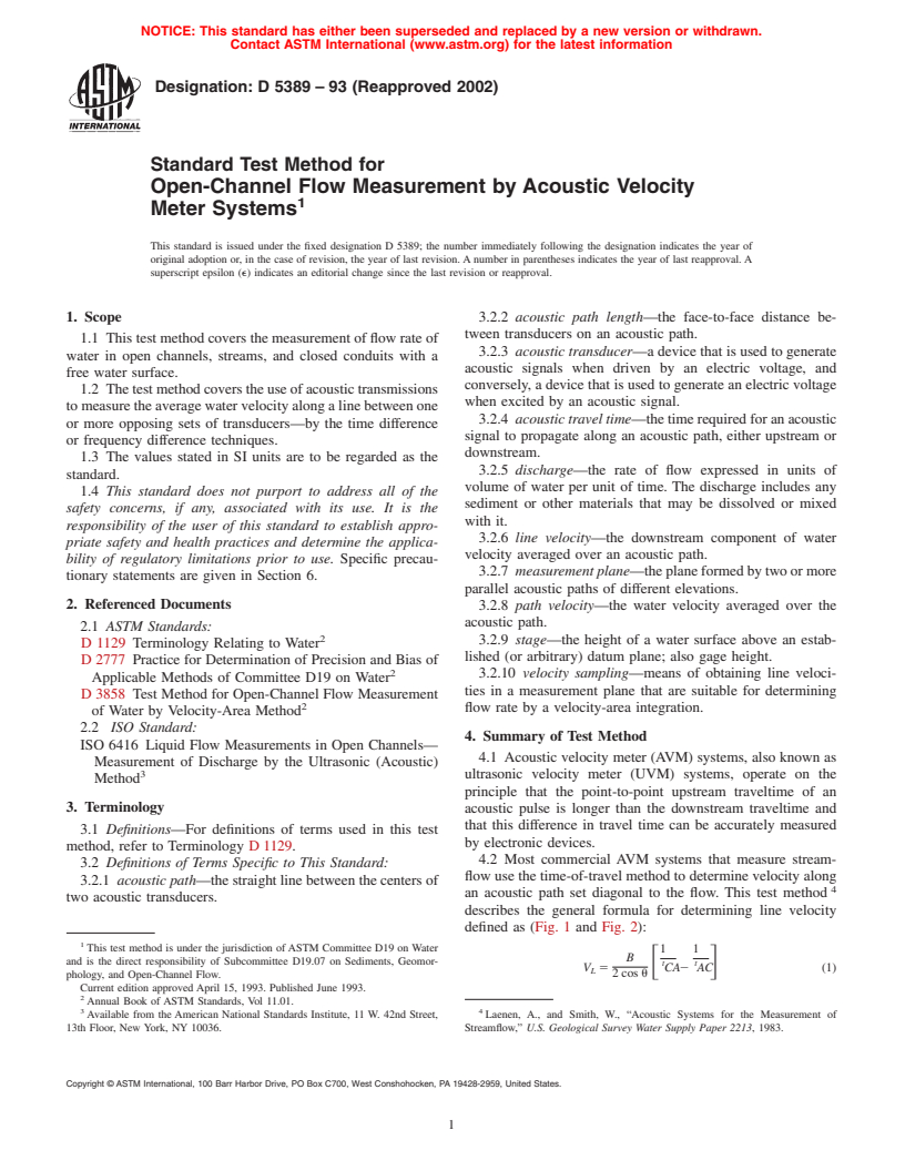 ASTM D5389-93(2002) - Standard Test Method for Open-Channel Flow Measurement by Acoustic Velocity Meter Systems