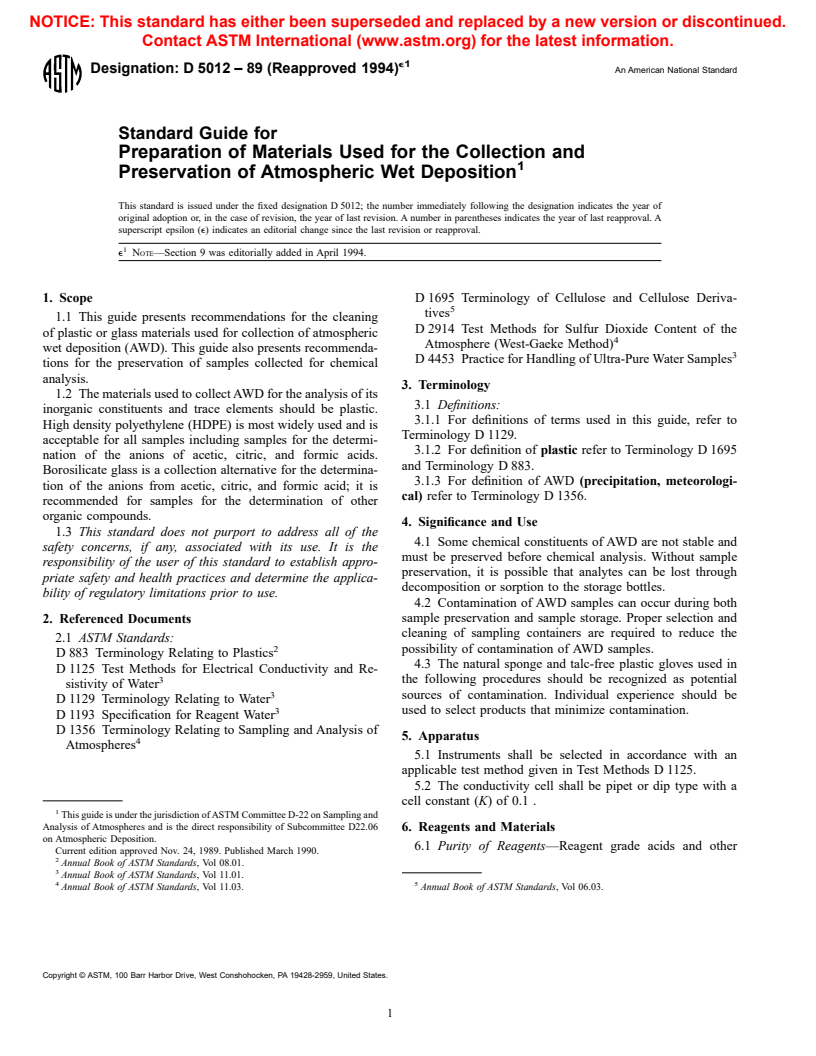 ASTM D5012-89(1994)e1 - Standard Guide for Preparation of Materials Used for the Collection and Preservation of Atmospheric Wet Deposition