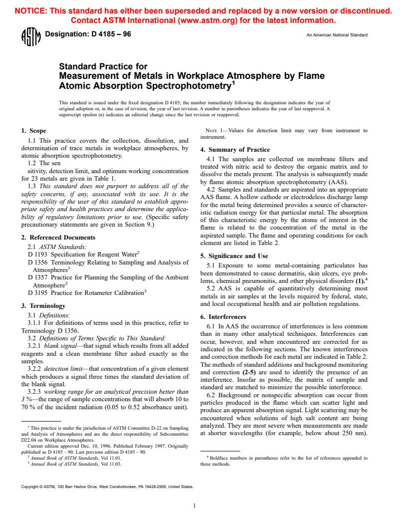 ASTM D4185-96 - Standard Practice for Measurement of Metals in Workplace Atmosphere by Flame Atomic Absorption Spectrophotometry