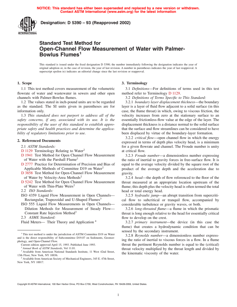 ASTM D5390-93(2002) - Standard Test Method for Open-Channel Flow Measurement of Water with Palmer-Bowlus Flumes