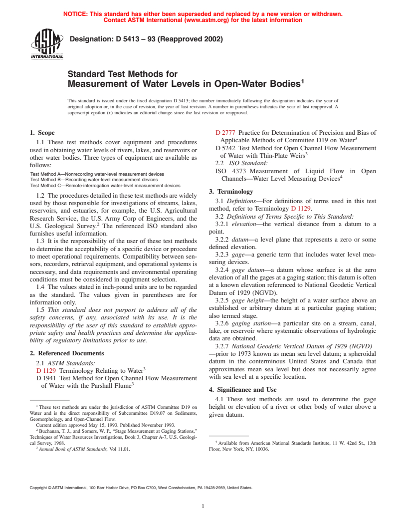 ASTM D5413-93(2002) - Standard Test Methods for Measurement of Water Levels in Open-Water Bodies