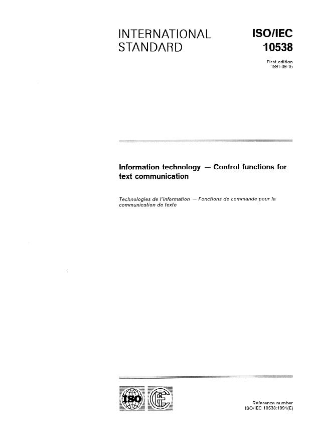 ISO/IEC 10538:1991 - Information technology -- Control functions for text communication