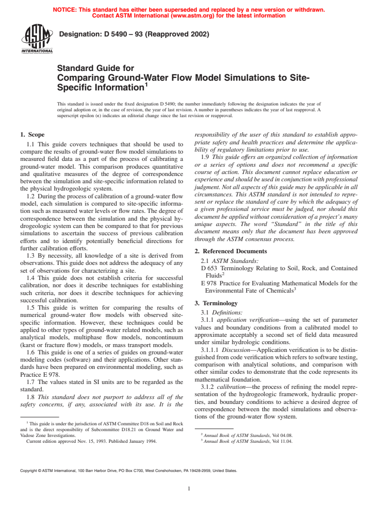 ASTM D5490-93(2002) - Standard Guide for Comparing Ground-Water Flow Model Simulations to Site-Specific Information