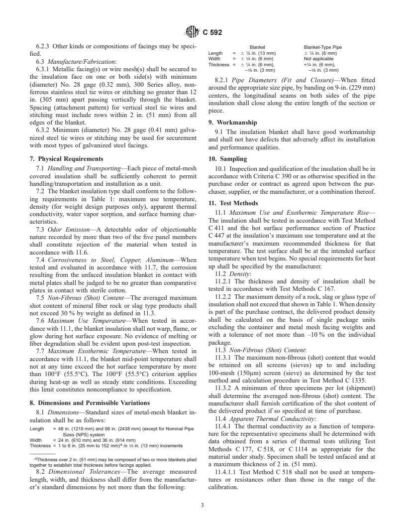 ASTM C592-00 - Standard Specification for Mineral Fiber Blanket Insulation and Blanket-Type Pipe Insulation (Metal-Mesh Covered) (Industrial Type)