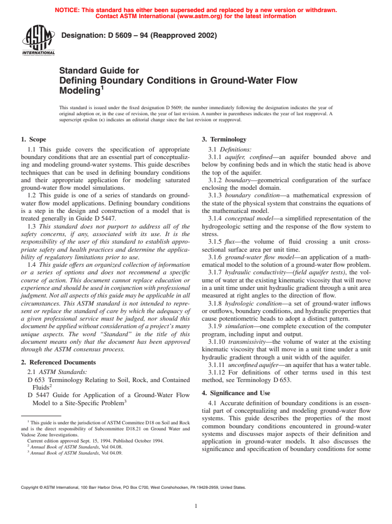 ASTM D5609-94(2002) - Standard Guide for Defining Boundary Conditions in Ground-Water Flow Modeling