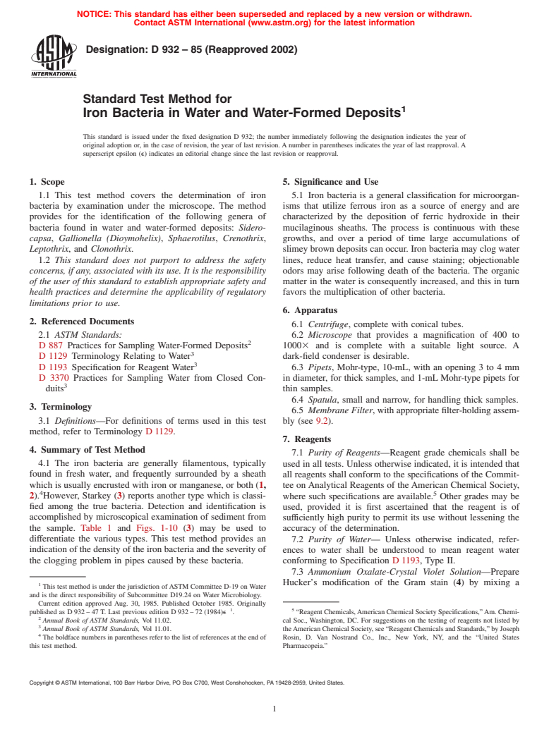 ASTM D932-85(2002) - Standard Test Method for Iron Bacteria in Water and Water-Formed Deposits