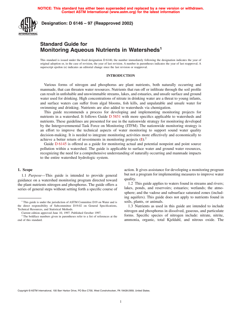 ASTM D6146-97(2002) - Standard Guide for Monitoring Aqueous Nutrients in Watersheds