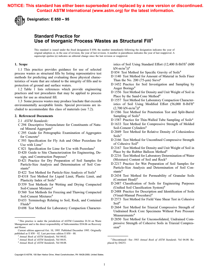 ASTM E850-95 - Standard Practice for Use of Inorganic Process Wastes as Structural Fill