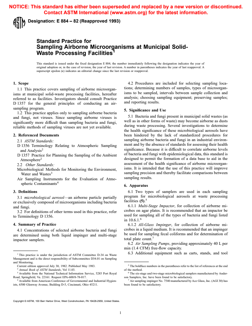 ASTM E884-82(1993) - Standard Practice for Sampling Airborne Microorganisms at Municipal Solid-Waste Processing Facilities