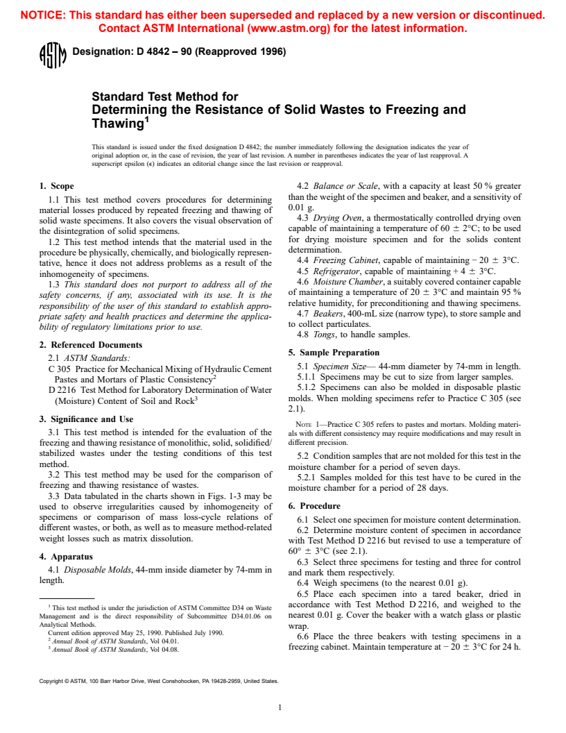 ASTM D4842-90(1996) - Standard Test Method for Determining the Resistance of Solid Wastes to Freezing and Thawing