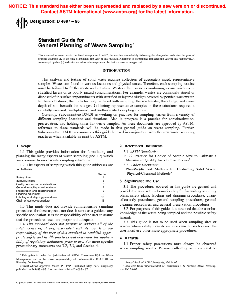 ASTM D4687-95 - Standard Guide for General Planning of Waste Sampling