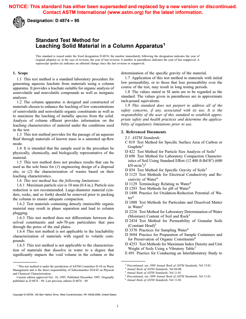 ASTM D4874-95 - Standard Test Method for Leaching Solid Material in a Column Apparatus