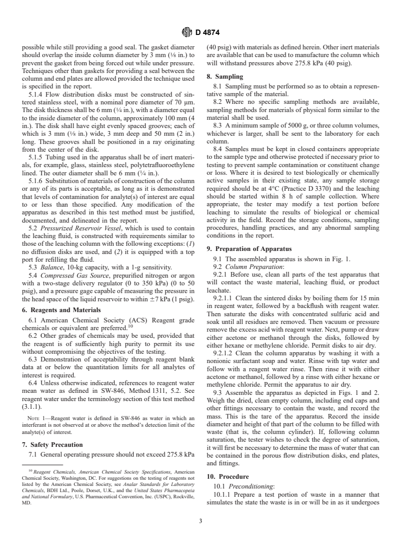 ASTM D4874-95 - Standard Test Method for Leaching Solid Material in a Column Apparatus