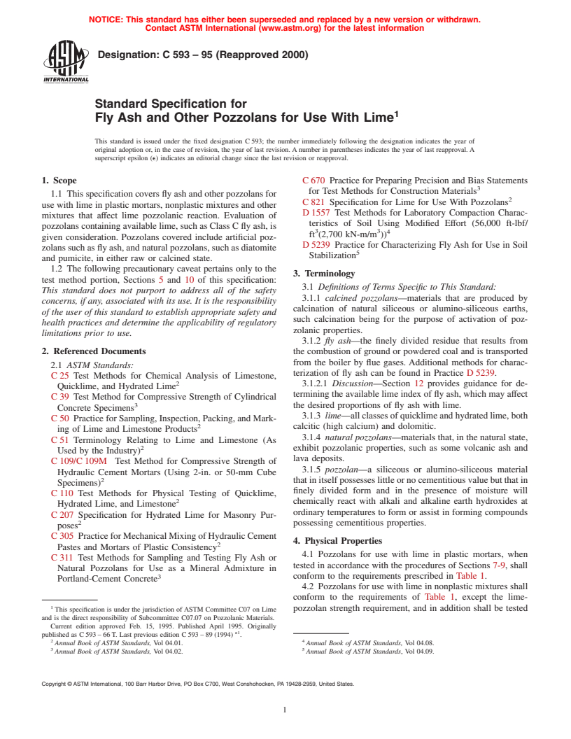 ASTM C593-95(2000) - Standard Specification for Fly Ash and Other Pozzolans for Use With Lime