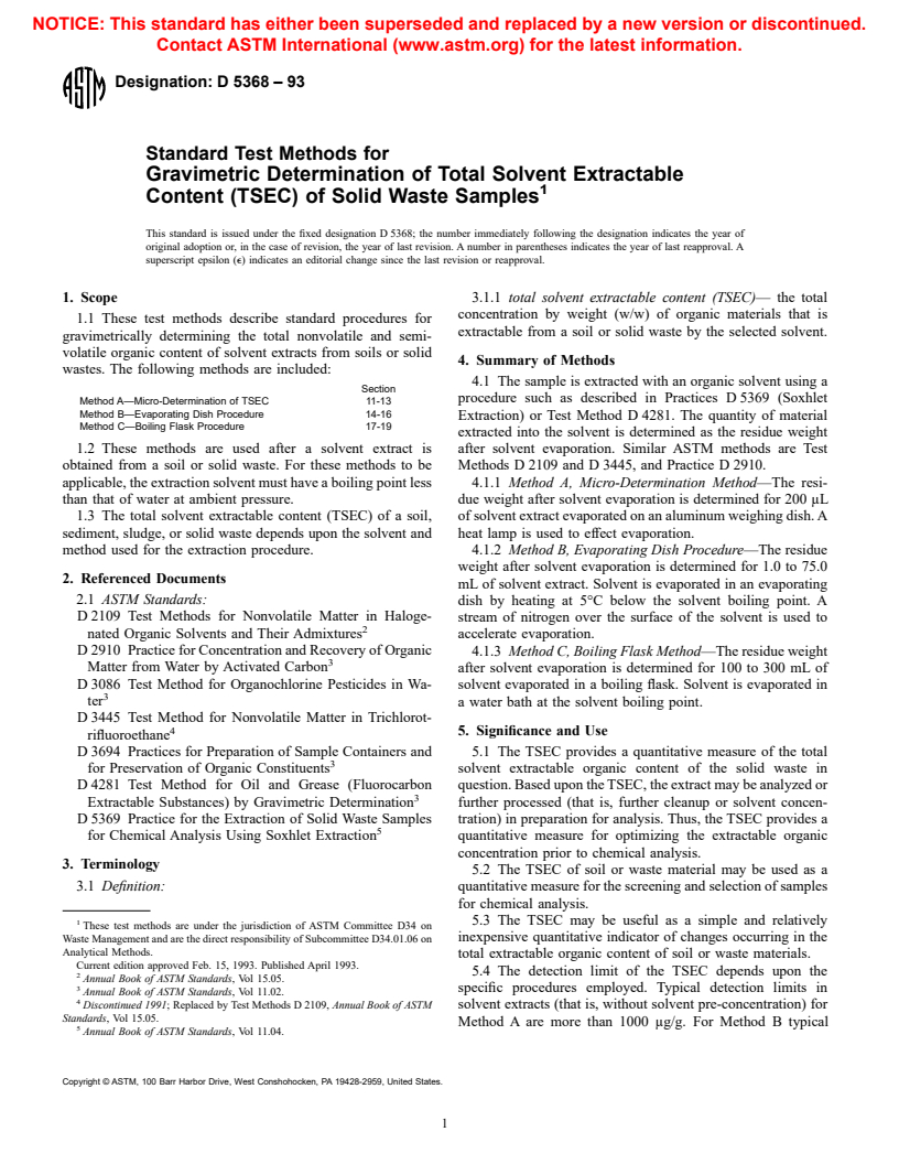 ASTM D5368-93 - Standard Test Methods for Gravimetric Determination of Total Solvent Extractable Content (TSEC) of Solid Waste Samples