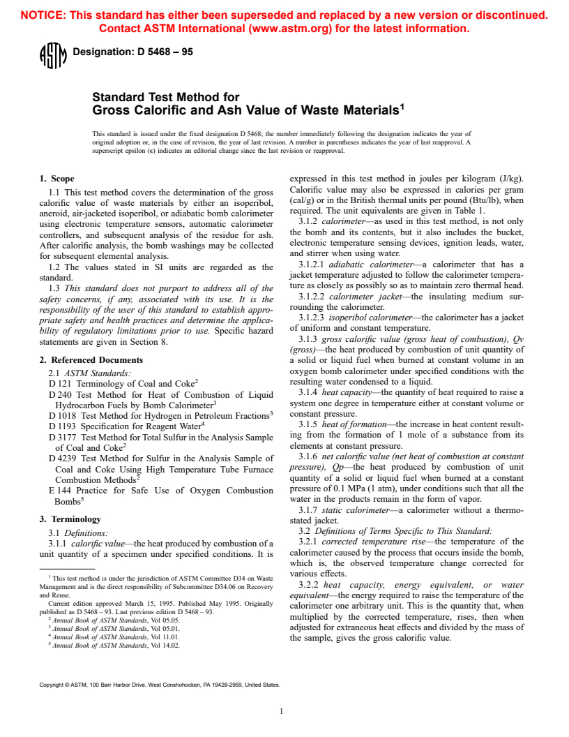 ASTM D5468-95 - Standard Test Method for Gross Calorific and Ash Value of Waste Materials